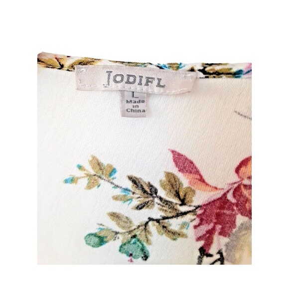 Jodifl Size L Vintage Floral Print Kimono Cream Lace Trim Fringe Boho Cover Up - Picture 8 of 8